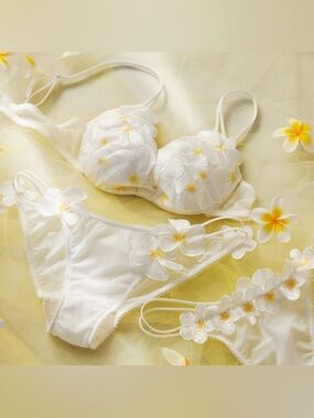 US-34B/JP-C75 Japanese High Class Sew On 3D Frangipani Embroidery Bra Panty Set